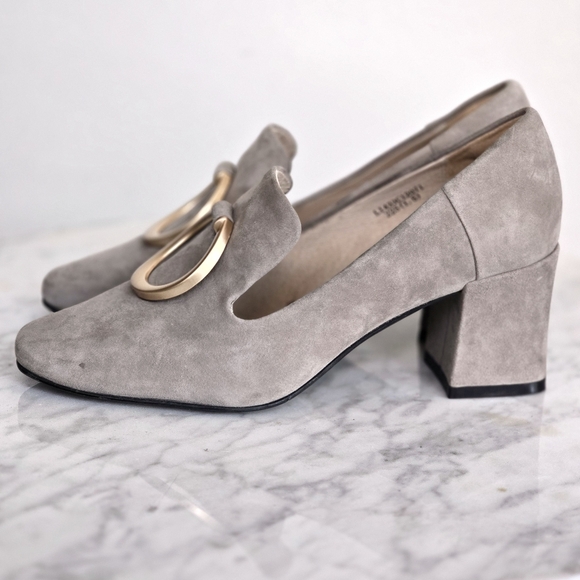 LUXURY REBEL 2.5 Inch Heeled Gray Suede Loafers with Gold Accent Size US 5.5 EUC - Picture 5 of 12